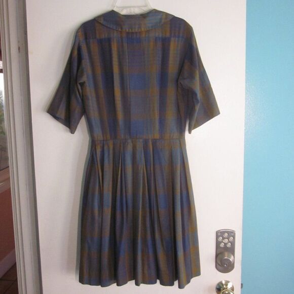 Vintage 50's Dress Serbin of Florida Muriel Ryan Fits Size M Blue Green Plaid - Picture 9 of 14